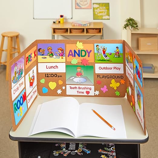 Really Good Stuff Standard Privacy Shields for Student Desks – Set of 12 - Matte - Study Carrel Reduces Distractions - Keep Eyes From Wandering During Tests , Green With School Supplies Pattern