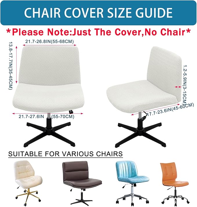Vanity Chair Cover Criss Cross Chair Cover Waterproof and Elastic Armless Chair Slipcover Armless Chair Covers Office Chair Covers (White,Just The Cover,No Chair)