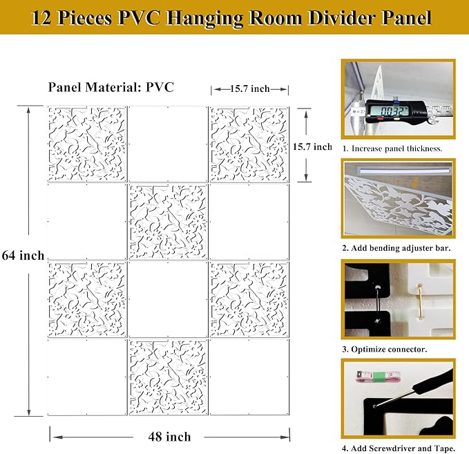 Lchen Hanging Room Divider Panel, 12 Pieces White Screen Panels Solid Board Cut Room Partition Home Decoration(Mixed,15.7"x15.7"x0.03")