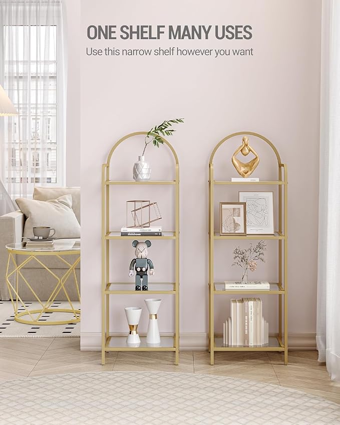 Hzuaneri Bookcase Bookshelf, Tempered Glass Bookshelves, Slim Shelving Unit for Bedroom, Bathroom, Home Office, Steel Frame, 4 Tier Gold BC04001G