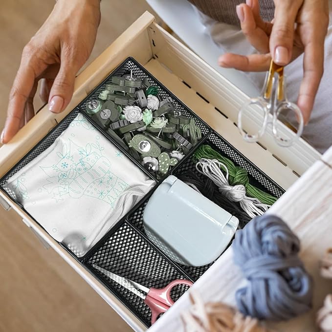 Ysglory 2Pcs Desk Drawer Organizer Tray Office Metal Mesh Drawer Divider Organizer With 6 Compartments Black Mesh Pencil Organization and Accessories for Stationery Makeup Kitchen