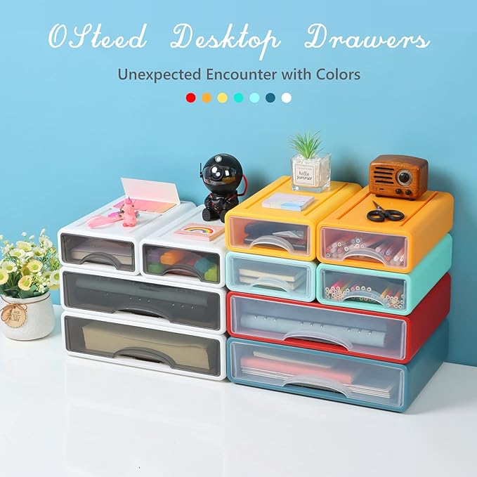 Desktop Drawers for Paper, Stackable Office Storage Drawers for Desk, Craft Organizer and Storage Bins, 4 Mixed Storage Container with Plastic Drawers for Office Supplies Desk accessories