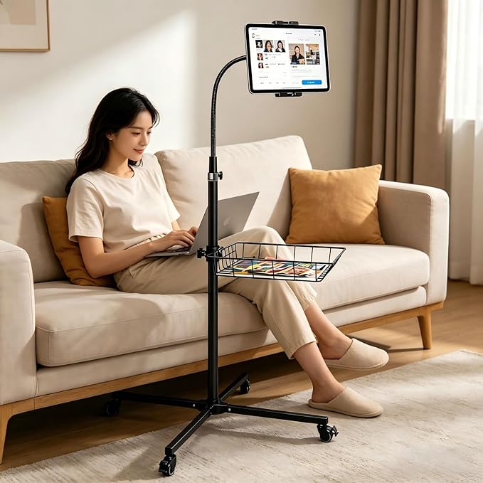 wishacc Rolling Tablet Floor Stand with Industrial Wheels & Storage Basket, Adjustable Height Gooseneck Tablet Stand Floor Holder for iPad Pro 12.9, Air, Mini, Cell Phones (Medium)