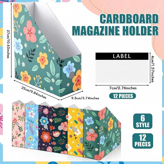 PerKoop 12 Pcs Decorative Magazine File Holders Floral Foldable File Folders Magazine Storage Boxes Rack Desk Organizer Documents with Printable Labels for School Office Home (Flower Design)