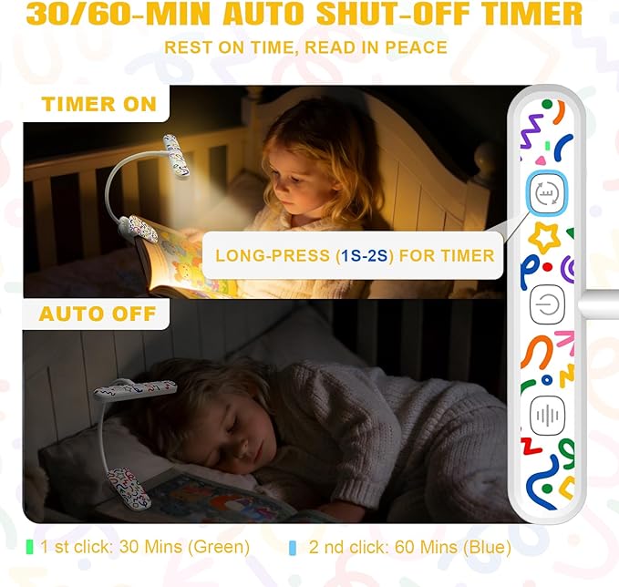 Rechargeable Kids Book Light 25 LEDs - Reading Light for Kids, Eye Caring 3 Colors & 5 Brightness Levels, Extended 1200mAh Battery, Gifts for Kids & Book Lovers (White Doodle)