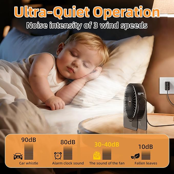 USB Desk Fan, 6Inch Portable Table Fan, 3 Speeds Quiet Powerful Cooling,Personal Mini Small Fan with Adjustable Tilt for Desk Bedroom Home Office Car Table Travel, No Battery, Black