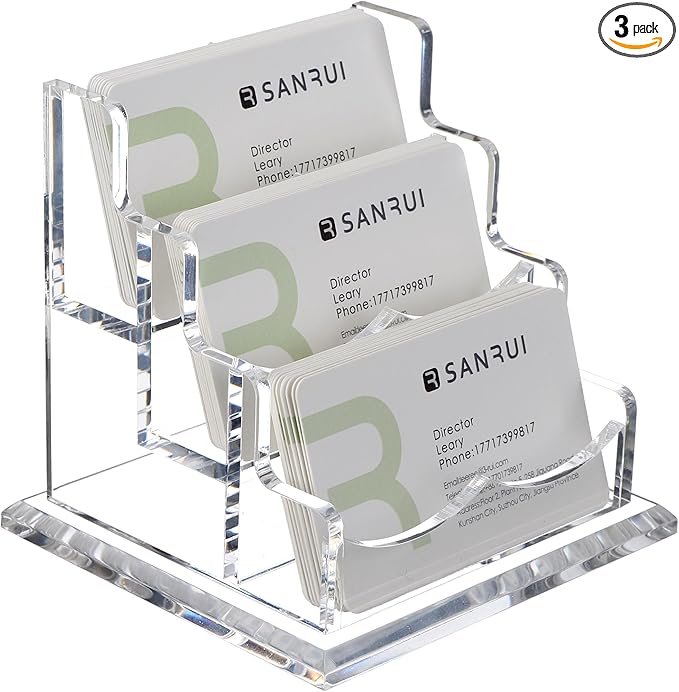 SANRUI Acrylic Business Card Holder for Desk, Horizontal Clear Name Card Display Stand Desktop Display Stand for Business Cards, Business Card Organizer, Perfect for Offices & Professionals 3 Slots