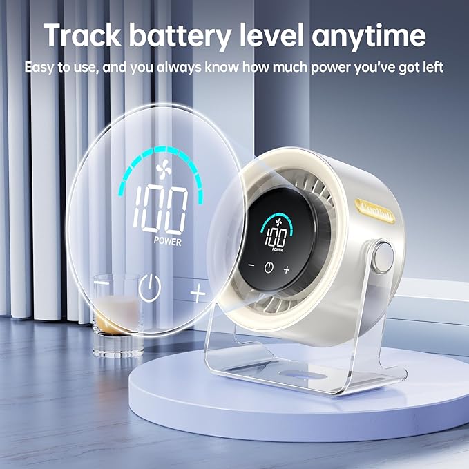 USB Desk Fan for Bedroom: 100 Speeds Digital Display Quiet Table Fan with Turbo Airflow, 120° Rotating Small Rechargeable Battery Desktop Fans for Bedroom Home Office (White)