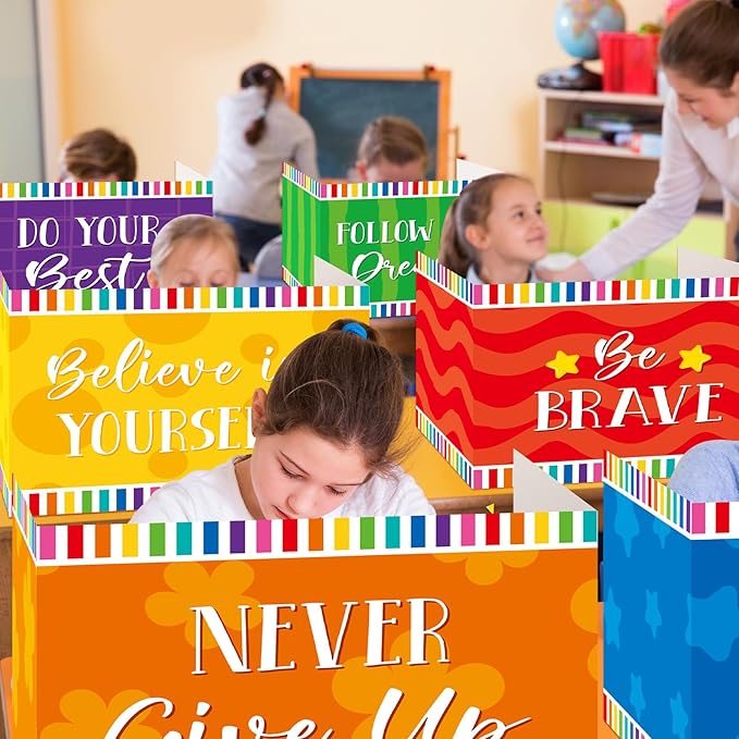 Affrolling 12 Pcs Inspirational Privacy Folders Bulk for Students Cardboard Privacy Boards Desk Divider Panel Waterproof Testing Divider for Classroom Back to School Study Supplies (Colorful)