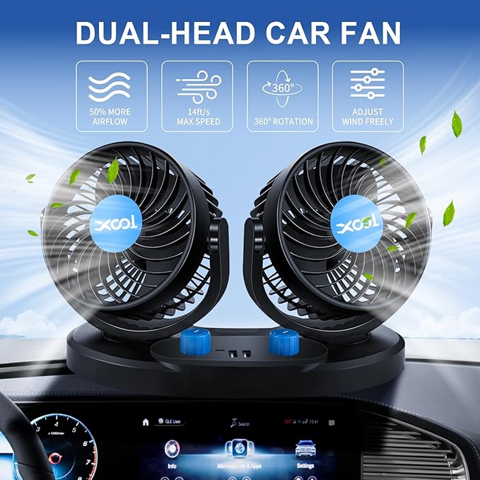 XOOL Car Fan – Car Cooling Fan with 2 USB Charging Ports, 2-Speed Adjustable, 360° Rotatable Dual Head Car Fan Quiet Strong Airflow, Cigarette Lighter Plug, Fan for Car, Vehicles, RVs, and SUVs