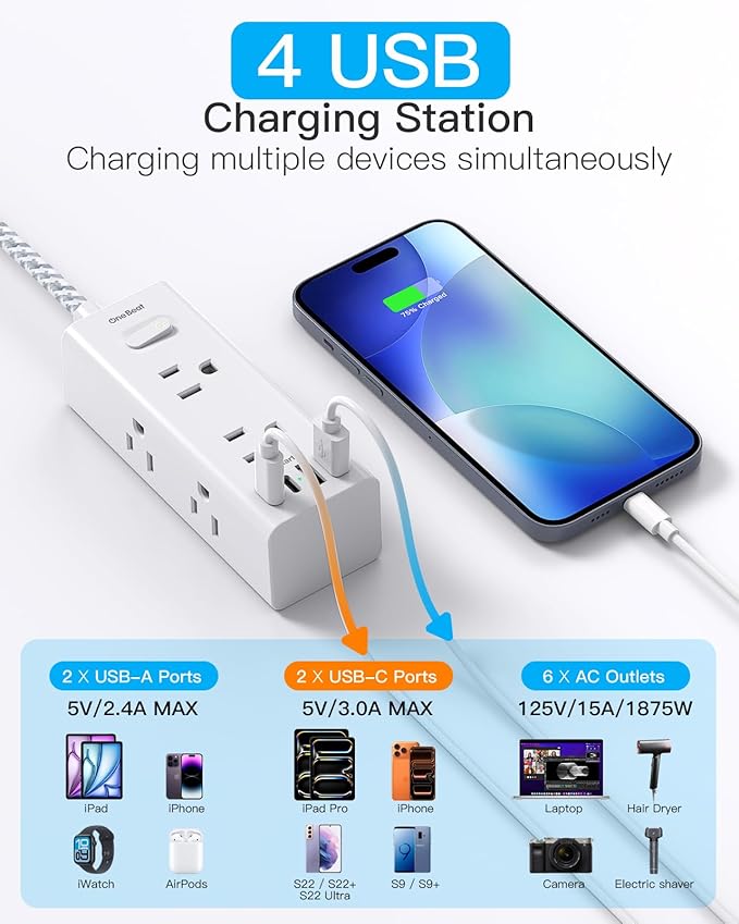 Flat Plug Extension Cord 6 Ft, One Beat 6 Feet Surge Protector Power Strip with 6 Widely Outlets 4 USB Ports (2 USB C), 3 Way Wall Outlet Extender Extension Cord for Home Office College Dorm Room