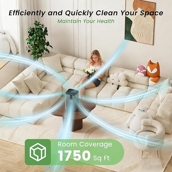 Air Purifiers for Home Large Room Up to 1750ft²,3-in-1 Filter with Sleep Mode,Air Purifier with Aromatherapy for Office,Living Room,Bedroom,Remove Smoke Odor,Home Pets,Grey Black