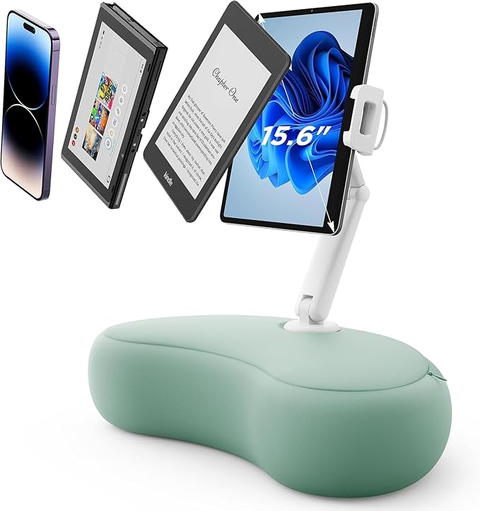 SAIJI Tablet Pillow Stand for Bed – iPad & Kindle Holder with Flexible Dual Axis Arm & Microbead Cushion, 360° Adjustable Lap Beanbag Phone Holder Fits Devices with 4.7"–15.6" Screens (Cyan)