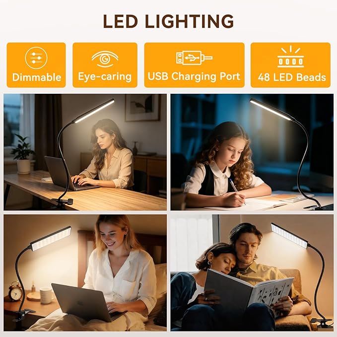 Clip On Desk Lamp, 5 W Rechargeable Reading Light, 400LM Book Light, 6 Level Brightness 3 Color Modes, Adjustable Neck Lamp for Desk, Bedside, Study