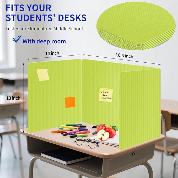 6 Pack Fluorescent Green Desk Dividers for Students, Privacy Shields Folder for Students, Durable & Waterproof Plastic Study Board, Classroom Teacher Supplies Test Divider, Includes Extra Labels