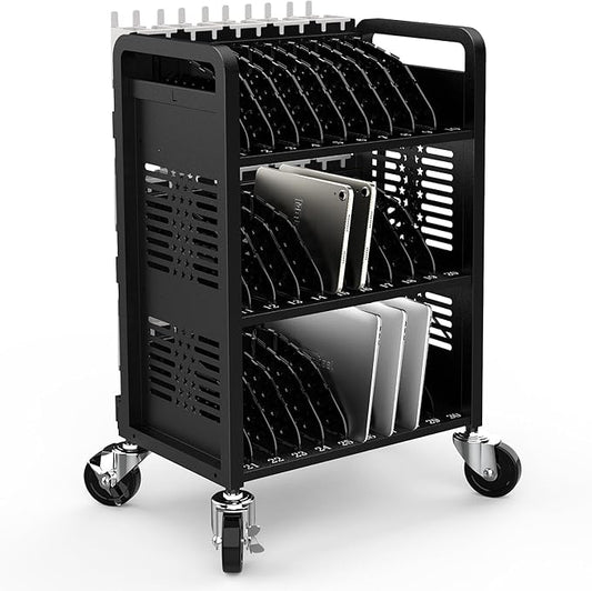 30-Unit Mobile Charging Cart-Open Charging Station Rack for 14-inch Chromebooks and Tablets-Tablet Organizer Station with Cable Management and Charger Organization(Black)
