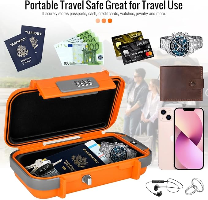 HUANLANG Portable Safe Lock Box with Combination Lock Mini Beach Travel Safe Waterproof Small Lockable Box with Removable Wire Rope Combination Safe Box for Dorm,Travel,Beach,Hotel,Car,Home,Office