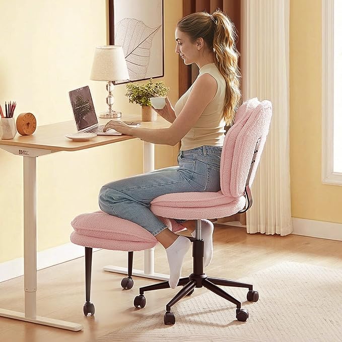 Pinmoco Ergonomic Cross Legged Office Chair for ADHD, Kneeling Chair with 360° Swivel Wheels and Reversible Seating for Meditation, Adjustable Height and Seat Deapth, Teddy Fabric, Pink