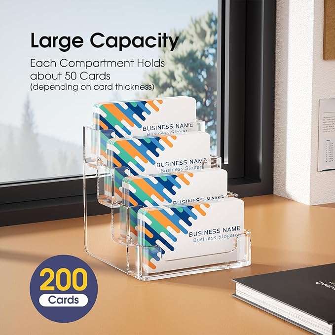 MaxGear Clear Business Card Holder, Acrylic Business Card Stand for Desk with 4 Tier, Clear Plastic Cards Display Holder for Exhibition, Home and Office, 320 Cards Capacity, 4 Pocket, 6 Pack