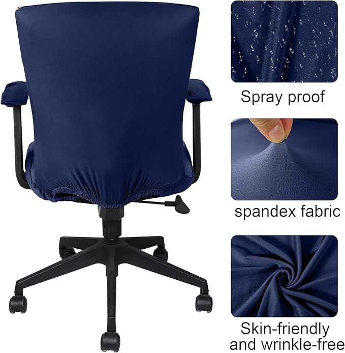 Tallew 4 Pcs Office Chair Covers Set Computer Universal Protective Stretchable Chair Seat Covers Desk Armrest Cover Pads Office Cushion Backrest for Rotating(Regular,Navy Blue)
