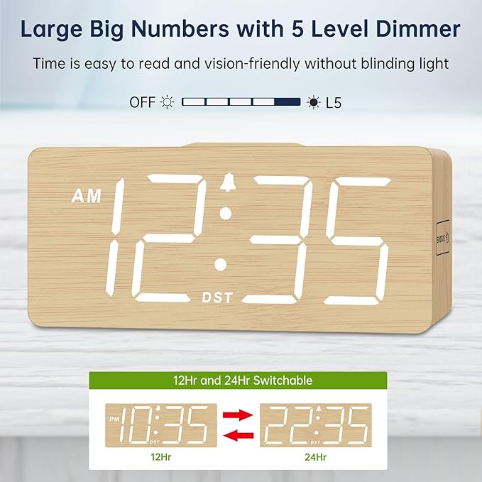 DreamSky Wooden Digital Alarm Clock with Wireless Charging for Bedroom, Bedside Nightstand Clock with Charger Station, USB Port, Large Numbers, Adjustable Volume, Brightness Dimmer, DST