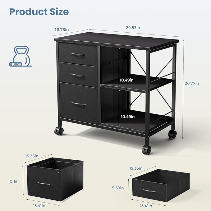 DUMOS File Cabinet, Mobile Storage Cabinet with 3 Drawers and Back Support Bar, Spacious Printer Stand with Storage Supporting 198 lbs for Home Office, Black