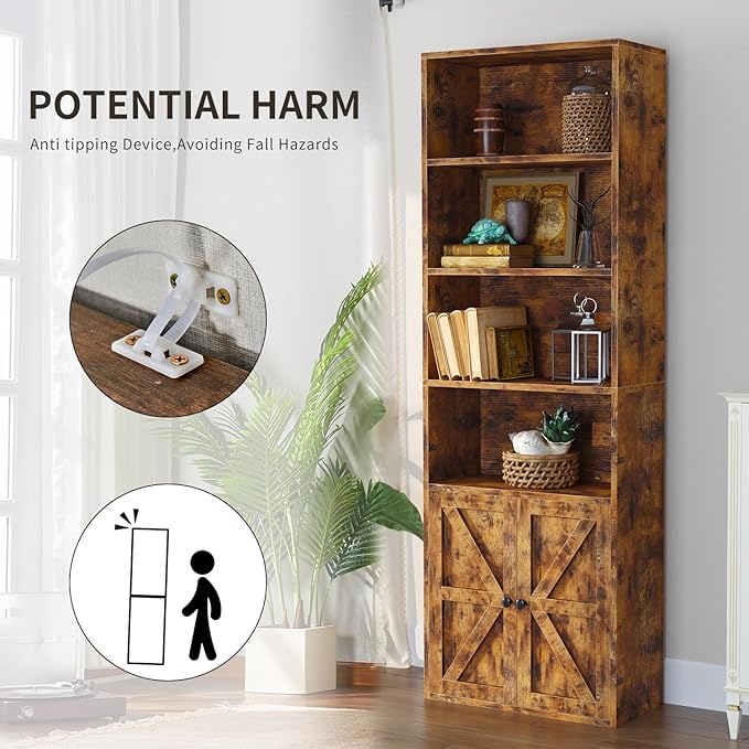 71.5" Tall Farmhouse Bookshelf, 6-Tier Bookcase with Cabinet Doors, Tall Display Shelves with Storage for Home Office, Living Room