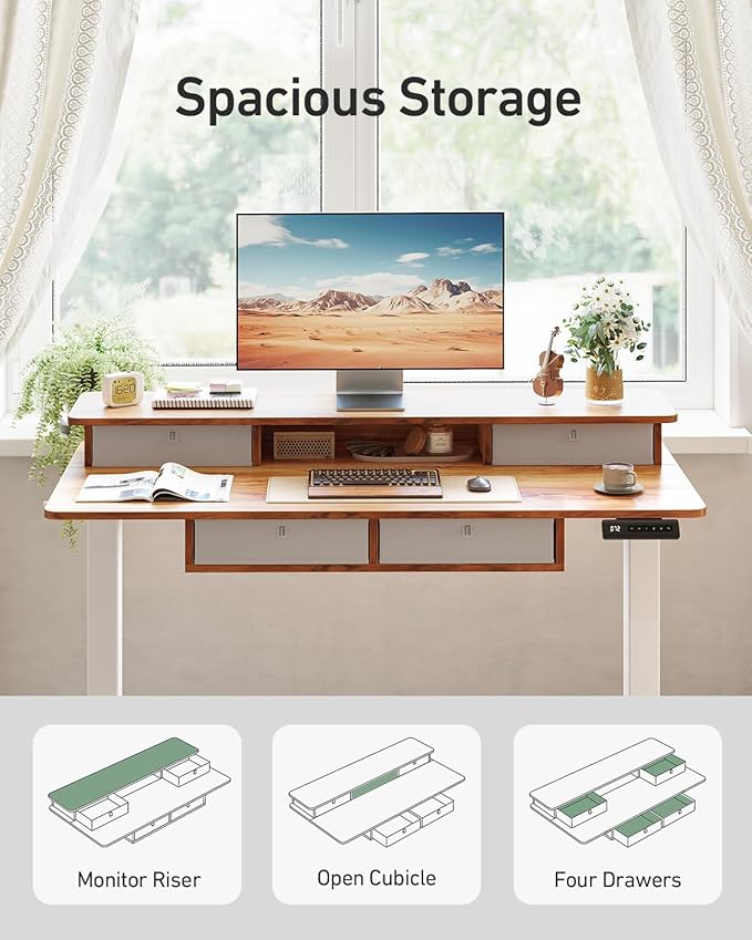 CubiCubi 48" x 24" Standing Desk with Drawers, Height Adjustable Electric Workstation, Computer Sit Stand Up Table with Large Storage Shelf 4 Drawers and 2 Hooks, Light Rustic Brown