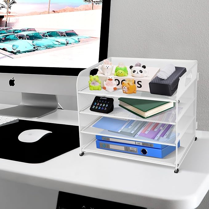 4-Tier Paper Letter Tray Organizer, Mesh Desk Accessories & Workspace Organizers with Handle, File Sorter Office Supplies for Desk,White