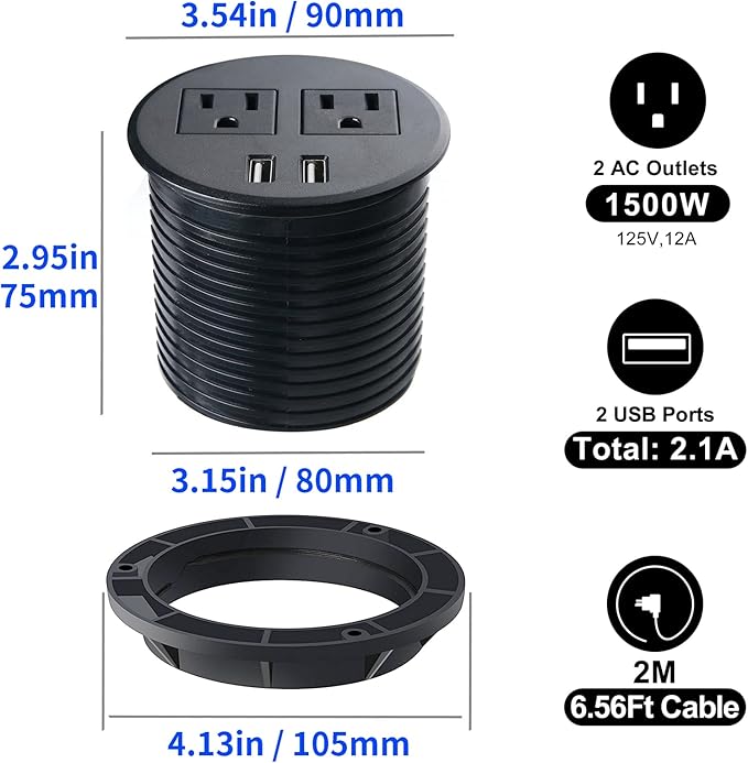 Desk Power Grommet with USB Ports 3.15 Inch Desktop Outlet Recessed Power Bar for Countertop Sofa Cabinet Conference (Black)
