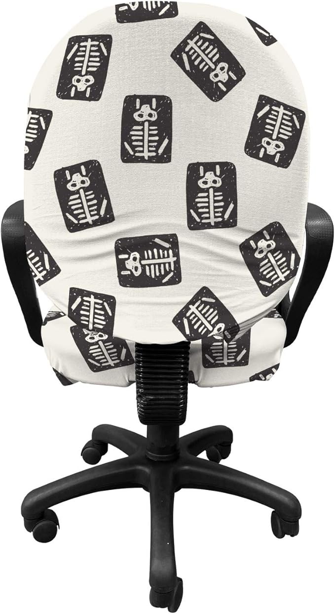 Ambesonne Cartoon Office Chair Slipcover, Xray Part of an Abstract Skeleton Image in Repetitive Grunge Pattern, Protective Stretch Decorative Fabric Cover, Standard Size, Ivory Charcoal