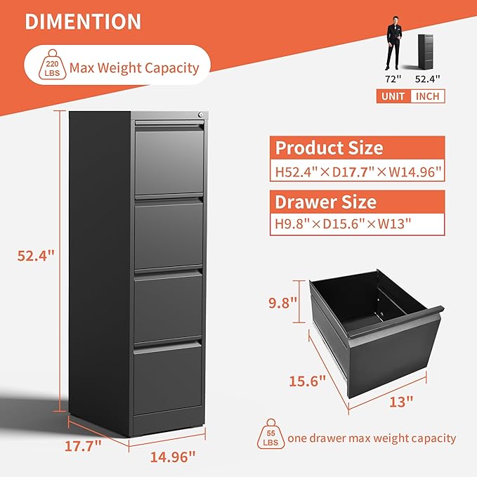 IKIMI 4 Drawer File Cabinet with Lock,Metal Filing Cabinets,Black Vertical File Cabinet for Home Office,Heavy Duty Metal Storage Cabinet for A4/Letter/Legal Size File,Assembly Required