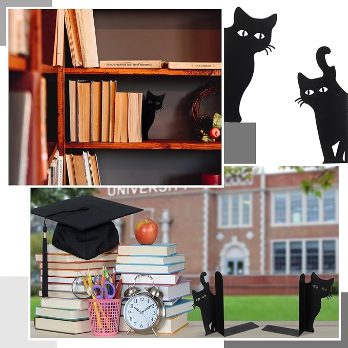 Geelin Peeping Cat Bookends Set of 2 Metal Book Ends for Shelves Bookshelf Home Office Desk Bookshelf Decor Gift for Cat Lovers and Reading Enthusiasts (Lovely Style)