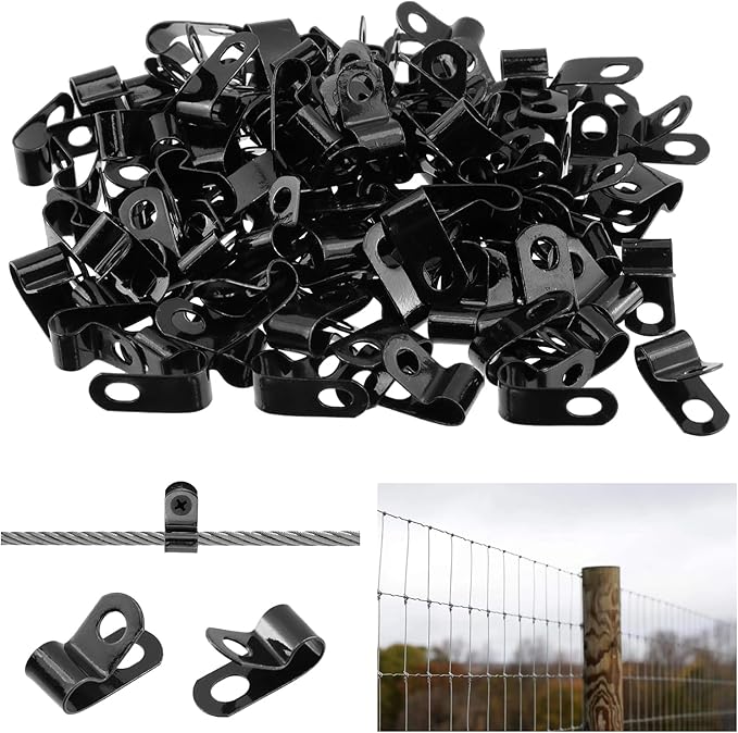 Antrader Fence Wire Clamps, 100Pcs R-Type Agricultural Fencing Mounting Clips, 6mm/0.24" Cable Management Cord Organizer with Screws to Vinyl, Wood or Metal Fence