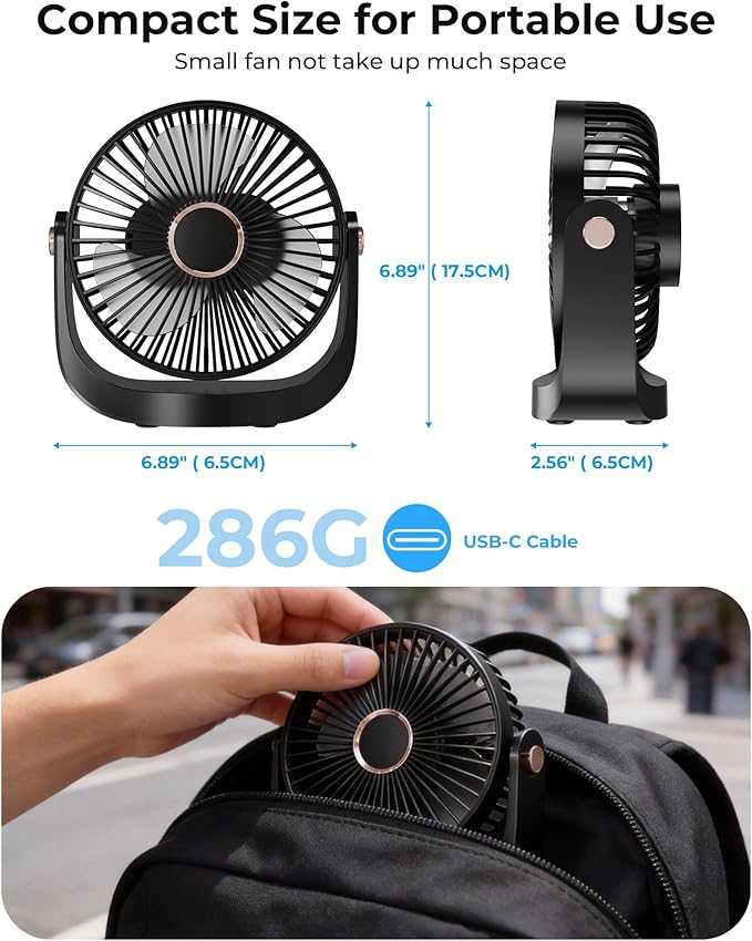Portable Desk Fan, Rechargeable Table Fan with Night Light USB Electric Desktop Air Circulator Fans, 3000MAh Powerful with 5 Speed 360° Adjustable for Cooling Home Dorm Office Bedroom Bathroom Kitchen