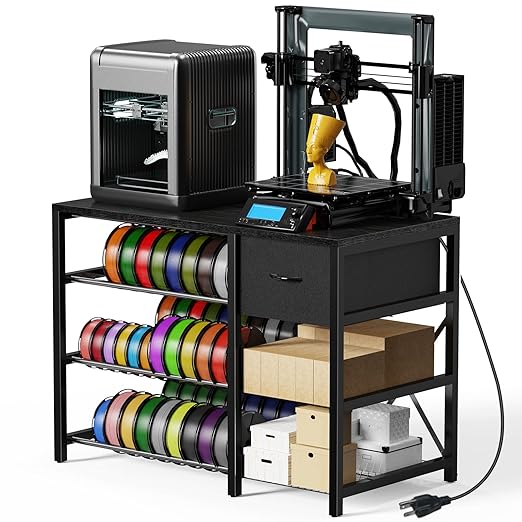 3D Printer Stand with Filament Storage Rack, Black 3D Printer Table with Power Outlet, 3-Tier Filament Holder with Drawer, 3D Printer Filament Stand Organized for Office Workshop Studio