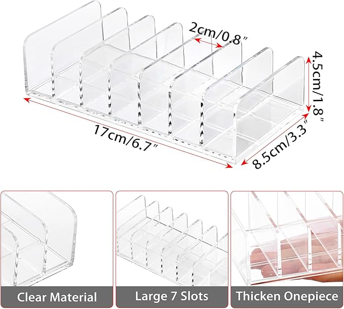 Hipiwe 2 Packs Mail Organizer Plastic Cash Tray for Desk - 7 Slots File Organizer Clear Desktop Bill Divider Holder for Paper Envelope Document Book Money Eyeshadow Makeup Palette