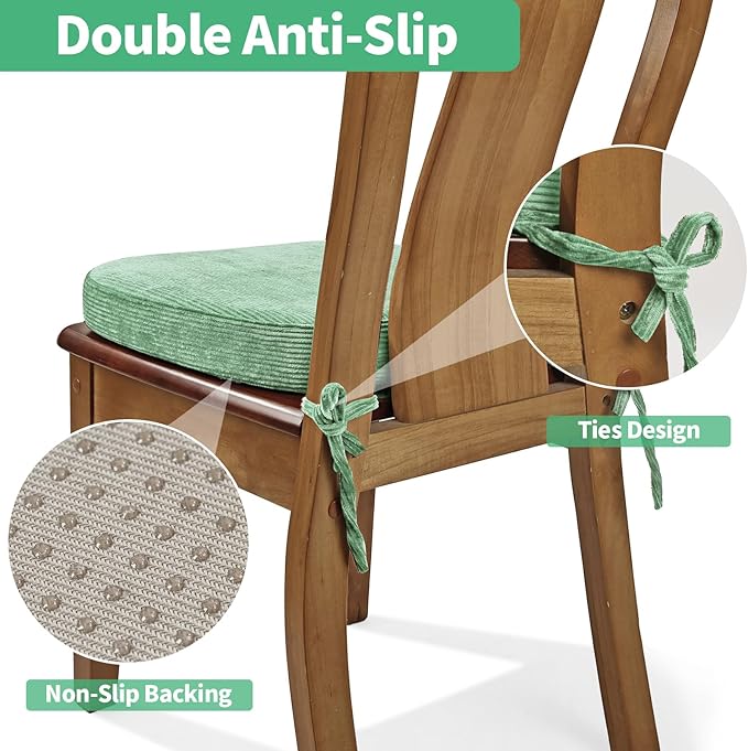 2.5" Thick Chair Cushions for Dining Chair, Corduroy High Density Foam Kitchen Chair Pads, U Shaped Indoor Seat Cushions with Ties & Non-Slip Backing, Washable Cover, 17''x16.5'', Green