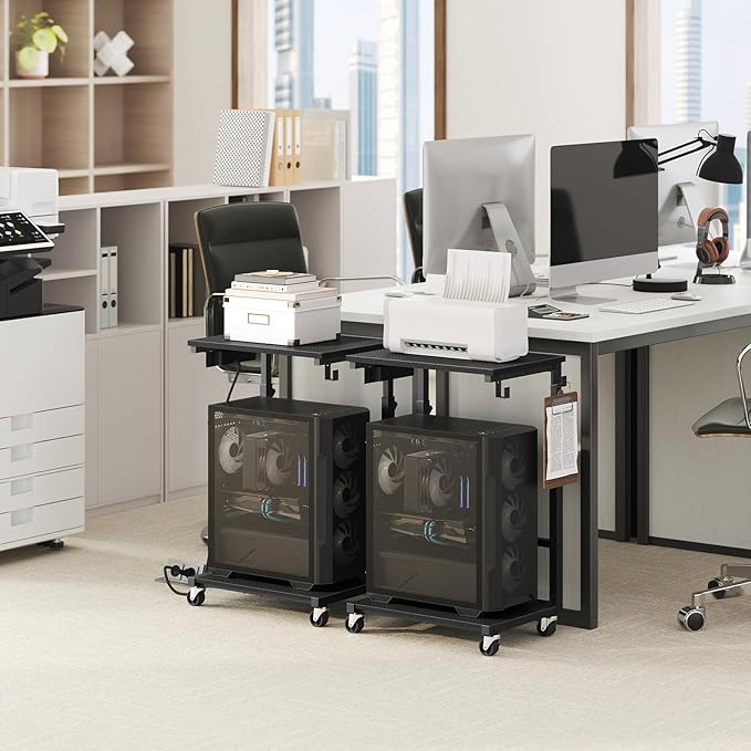 MAHANCRIS Computer Tower Stand with Power Outlet, Mobile PC Stand for Floor, Height Adjustable PC Holder Cart Under Desk, 26.6"-32.7" H, for Home Office, Gaming Room, Black PCHS215E01