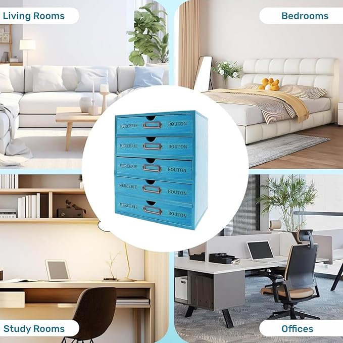 Wooden Drawer Organizer Storage Box with Label Holders Vintage Wood Desktop Organizer, Desk Drawer Unit Collectors Box for Living Rooms, Bedrooms, Offices (Blue, 1PC 5 Drawers)