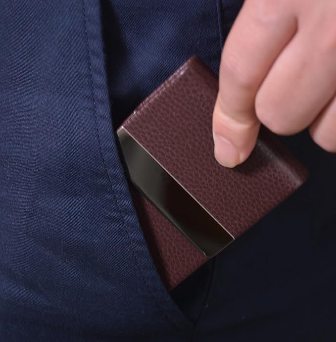 Business Card Holder with Ultra Slim Design,Business Card Case with Premium PU Leather, Suit Pocket Metal Card Holder for Women/Men,Professional Name Card Holder with Magnetic Shut (Coffee)