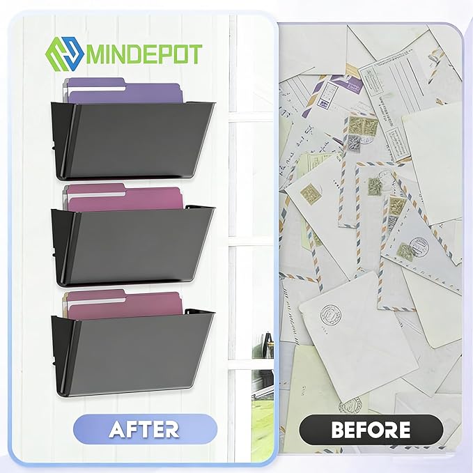MINDEPOT 3 Pockets Acrylic Wall File Organizer, Clear Wall File Holder, Plastic Hanging Wall File Holder for Office, School and Home, Black