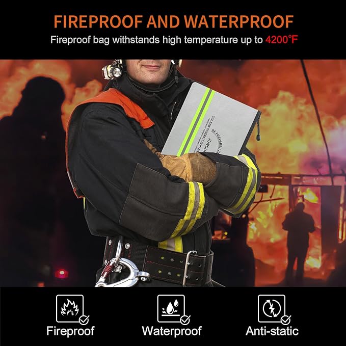 JUNDUN Fireproof Document Bag,14.2”x 10.0”Waterproof and Fireproof Money Bag with Aluminum Foil Lining,Fireproof Safe Storage Pouch with Zipper for Document and Cash,Silver