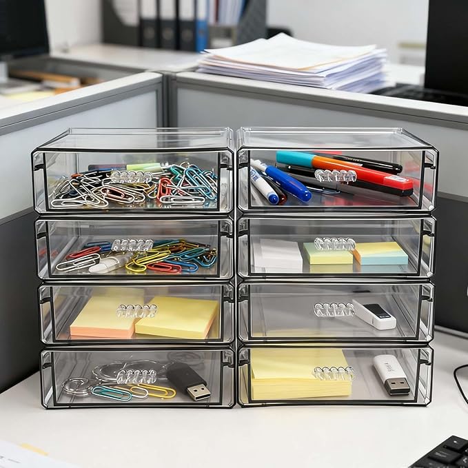 Drawer Organizers, Clear Stackable Storage Boxes for Kitchen Utensils, Office Desk, Bathroom, Makeup & Craft Drawer Organization (Small - 8 Pack)