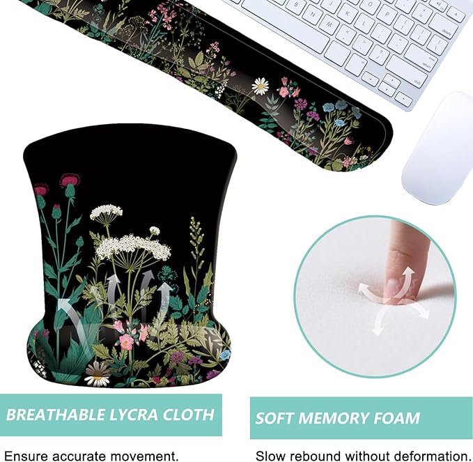 Keyboard Wrist Rest Pad Mouse Pad with Wrist Support Set of 3, Gaming Mousepad with Non-Slip Rubber Base, Ergonomic Memory Foam Mouse Cushion Support for Home Office Laptop Computer, Flowers Grass