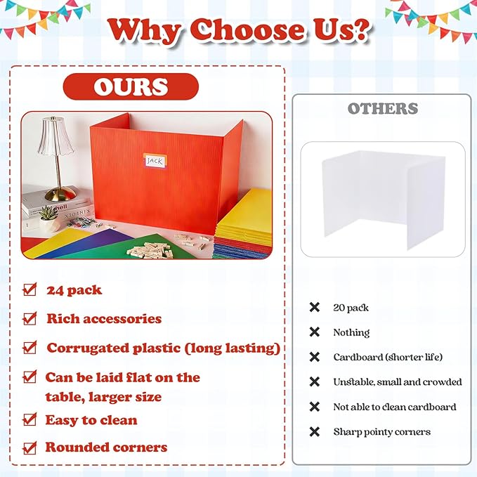 24 Packs Colorful Privacy Folders for Student Desk Durable Waterproof Plastic Divider Board Tri Fold Easy Clean Privacy Shield Divider with Sticker Clips and Clips for Classroom Teacher Supplies