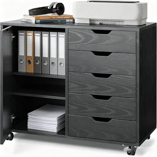 5-Drawer Wood Drawer Cabinet, Office Storage Cabinet with Adjustable Shelf & Wheels, Printer Stand for Home Office, Black, 15.7" D x 30.7" W x 25.4" H