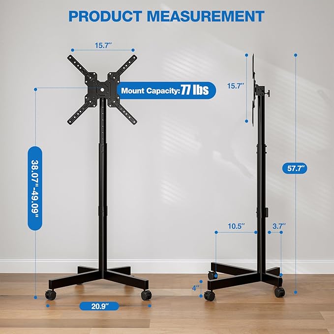 Mobile TV Cart, Floor TV Stand for 13-55 inch TVs with -10°/+15° Tilt Mount Holds up to 77 lbs, Rolling TV Cart for Flat/Curved Screens, Height Adjustable Portable TV Stand Max VESA 400x400mm
