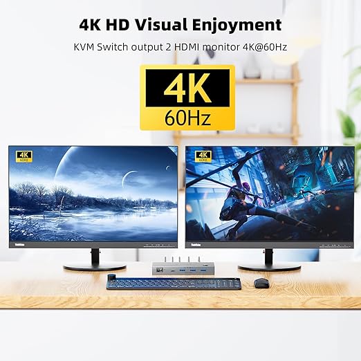 KCEVE KVM Switch 2 Monitors 2 Computers USB C, KVM Switch USB-C for 2 Laptops Sharing 2 Monitors and 4 USB3.0 Devices, 4K@60Hz, 100W PD, MST, Wired Remote(4K USBC HDMI 2 in 2 Out KVM)