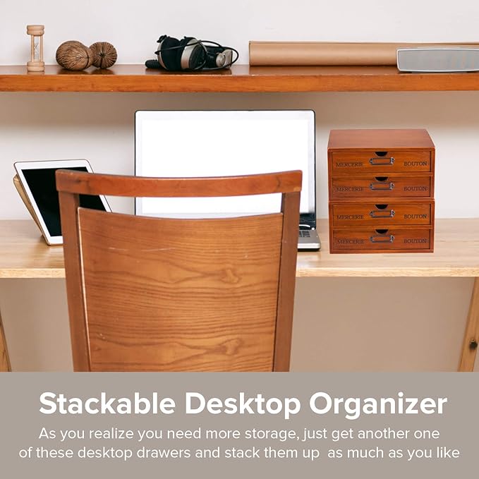 Vintage 2-Drawer Desk Organizer - Wood Countertop Drawer Organizers - 2-Tier Wooden Desktop Monitor Riser w/Drawers - Organization and Storage Drawers for Desk - Stackable Drawers - File Drawer Unit